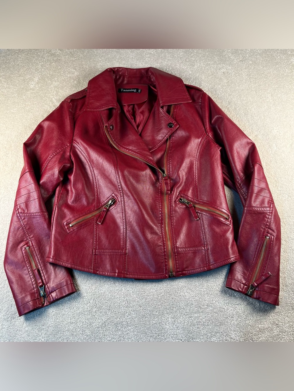Faux Leather Jacket Moto Zippers Red Tanming Women's Medium